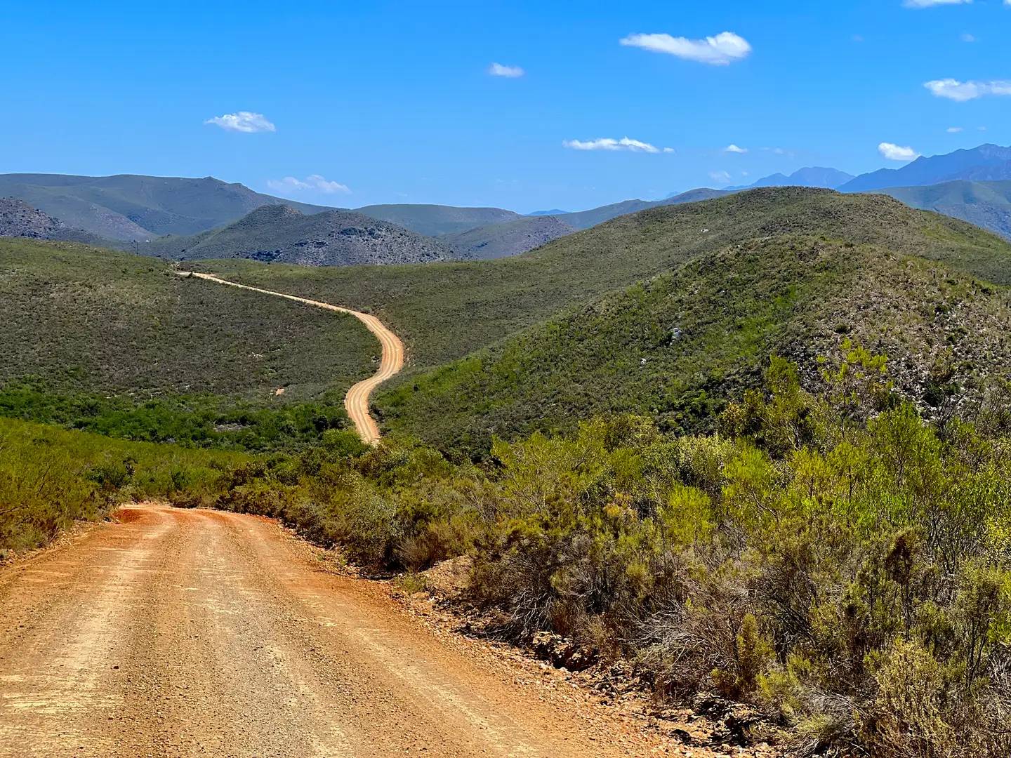 Rød grusvei som slynger seg over grønne åser under blå himmel i Western Cape